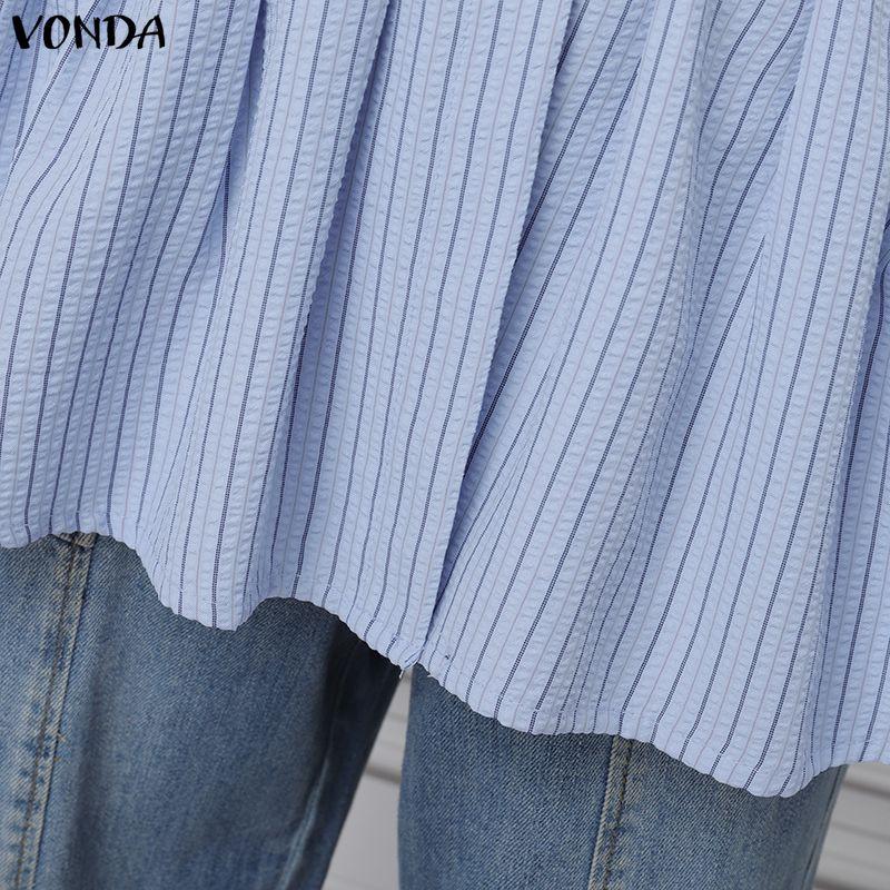 VONDA Womens Casual Lapel Neck Long Sleeve Ruffled Striped Print Loose Rumple Blouse Shirts