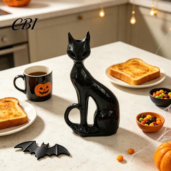Indoor Outdoor Yard Decor Cute Witch Cat Resin Figurine, Halloween Garden Statue, Spooky Home Collectible Figures Ornaments for Patio Balcony