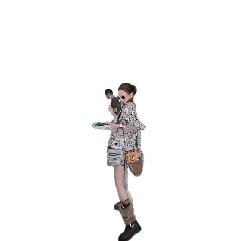 Cowhide version~ Contrasting color belt buckle boots women's retro suede splicing knight boots Maillard slim stacking boots