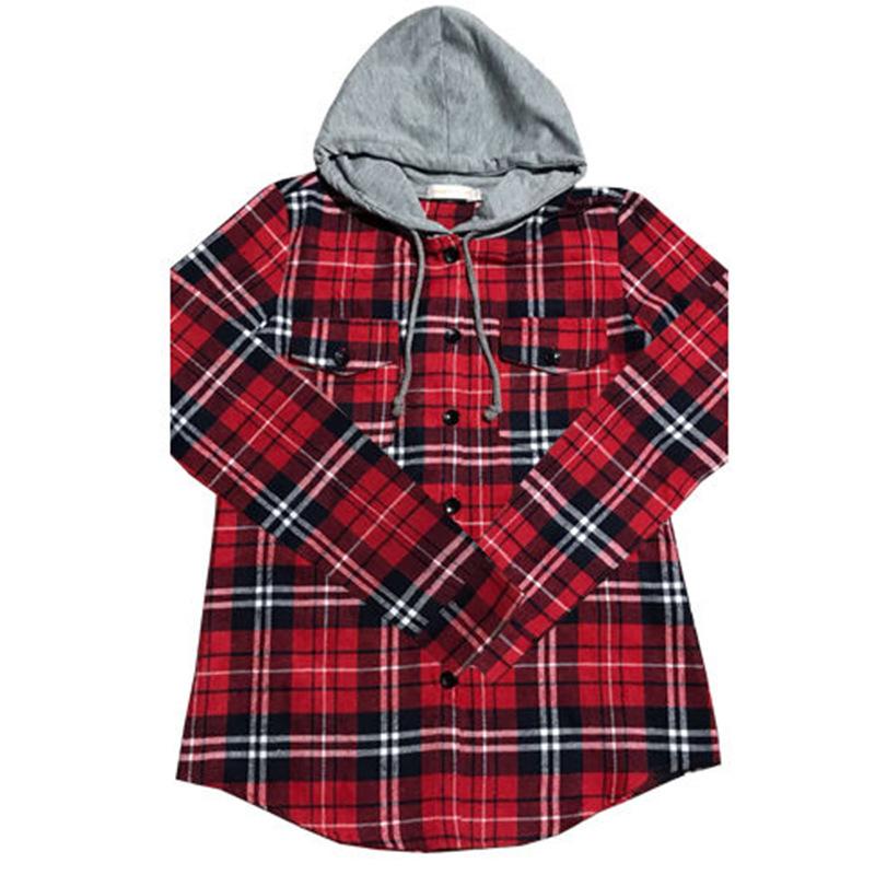 Camicia a quadretti autunno-primavera Top a maniche lunghe in cotone da donna Camicie scozzesi da donna Top slim abbottonati con cappuccio alla moda