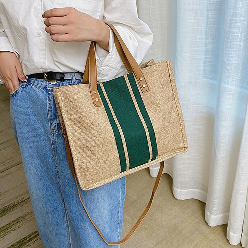 Simple Canvas Stripe Decor Bucket Handbags Women Top Handle Tote Bag Large Capacity Outdoor Mountaineering Bag Christmas Gifts