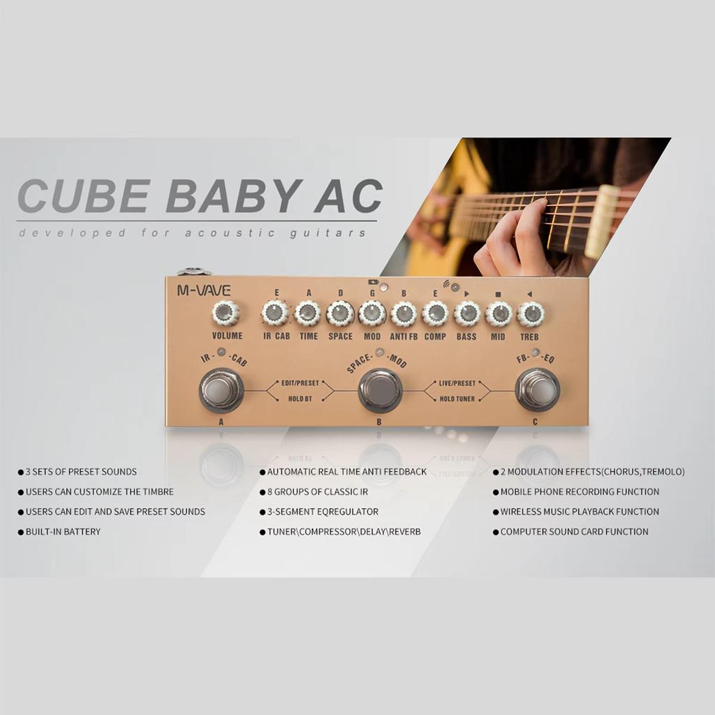 M-VAVE Cube Baby AC Pro Acoustic Guitar Processor | 9 AMP/IR Sims w/ Dly/Chs/Rvb FX | USB Audio Interface & Type-C Recharge