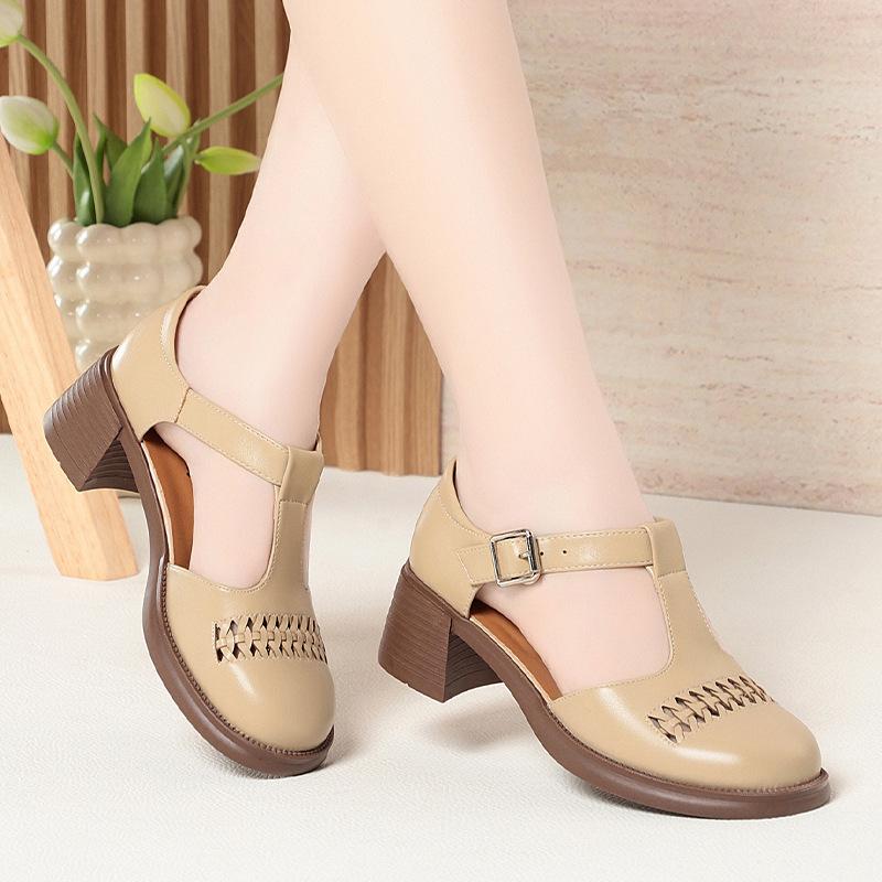 5cm Vintage T Strap Soft Leather Round Head Cutout Gladiator Sandals Platform Shoes 2025 Women's Med Block Heels Sandals for Mom