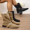 Fashion Buckle Belt Decor Thick Heels Ankle Boots Women Autumn Winter Pointed Toe Riding Boots Woman Slip On Faux Suede Booties