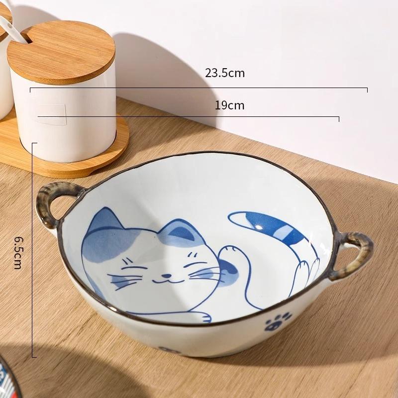 Keramická polévková mísa v japonském stylu s uchem 800 ml, Květinová servírovací mísa s podglazurní barvou na dušené maso, těstoviny, cereálie, Vhodná do mikrovlnné trouby a trouby, 1 ks
