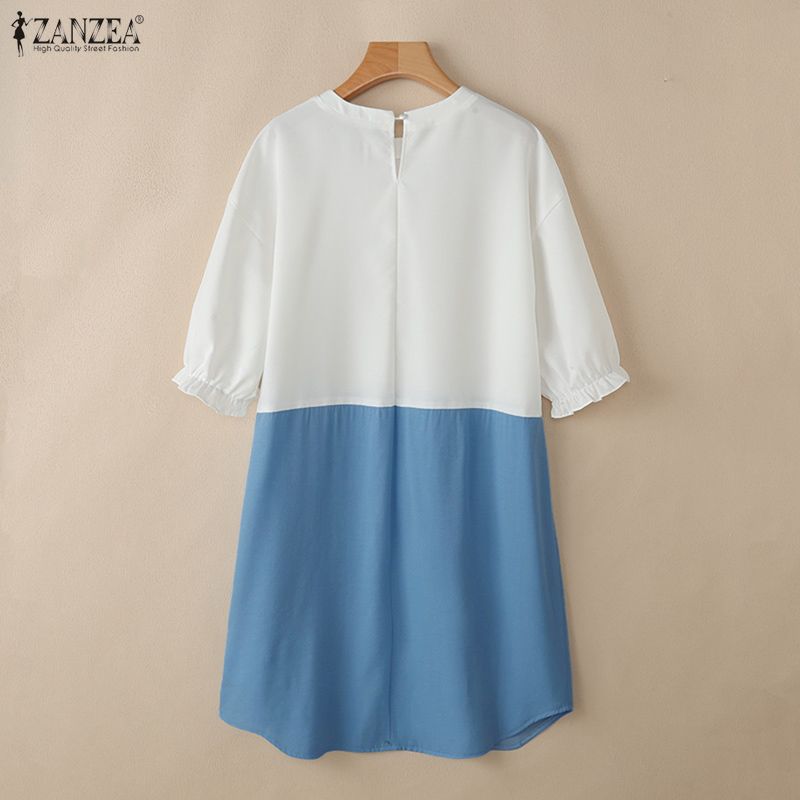 ZANZEA Women Round Neck 3/4 Sleeve Loose Patchwork Summer Dress