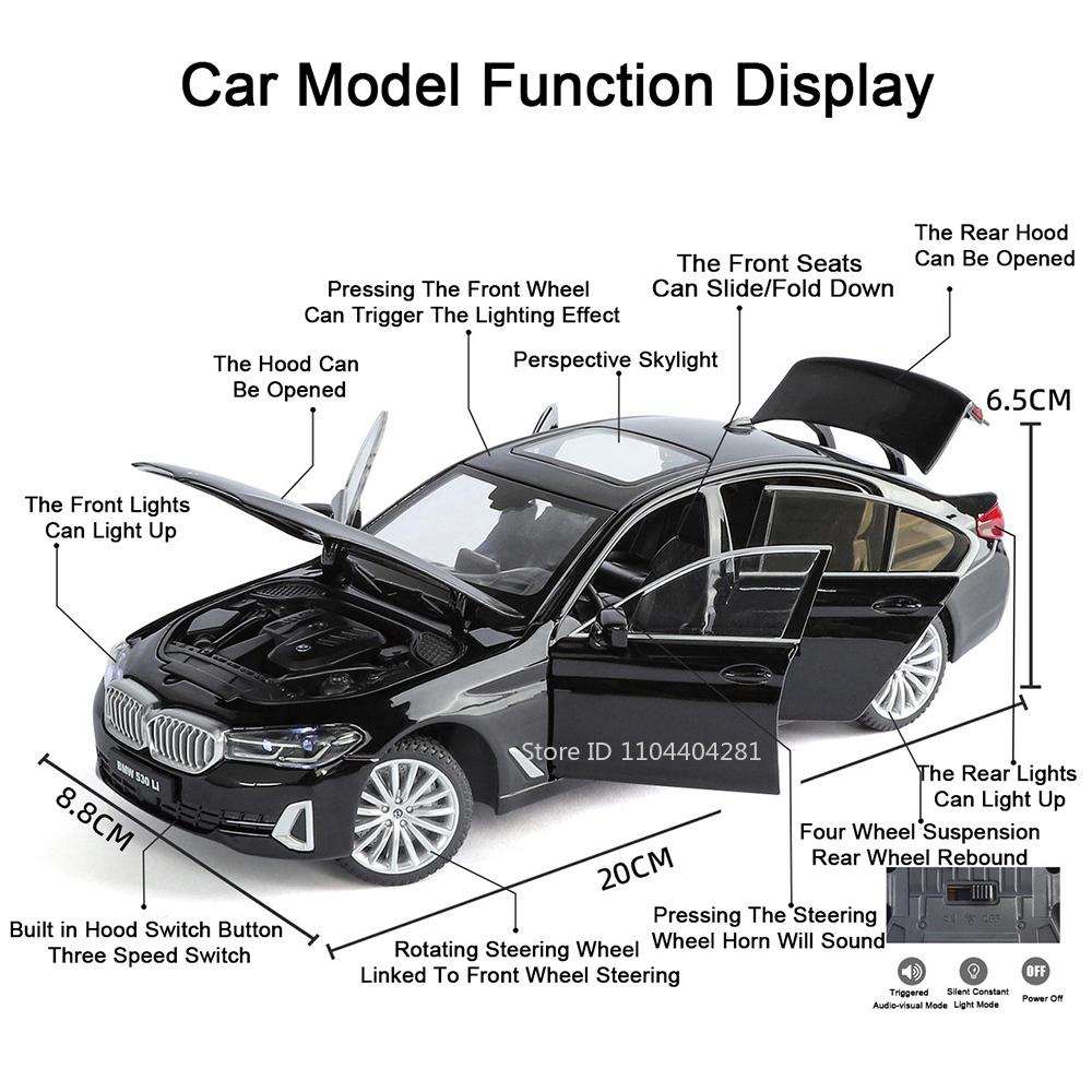 1:24 530Li M4 Miniature Model Toys Diecast Alloy Car Front Wheel Steering Sound Light Pull Back Vehices Kids Christmas Surprise