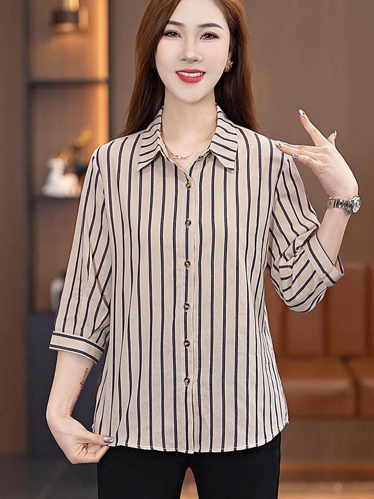 Women's Slimming Striped Cotton Shirt - Petite 7-Sleeve Professional Style for Spring, Summer, or Autumn 2025