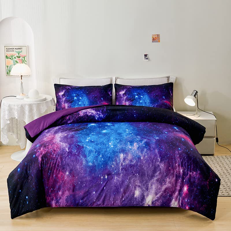 Galaxy Comforter Sets, 3D Outer Space Themed Bedding, All-Season Quilted Duvet, for Children Boy Girl Teen Kids with Pillow Sham
