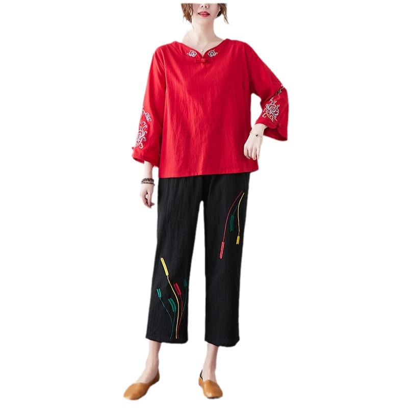 Women's Retro Chinese Buttoned Embroidered Shirt, Cotton-Linen, Loose Fit, Three-Quarter Sleeves