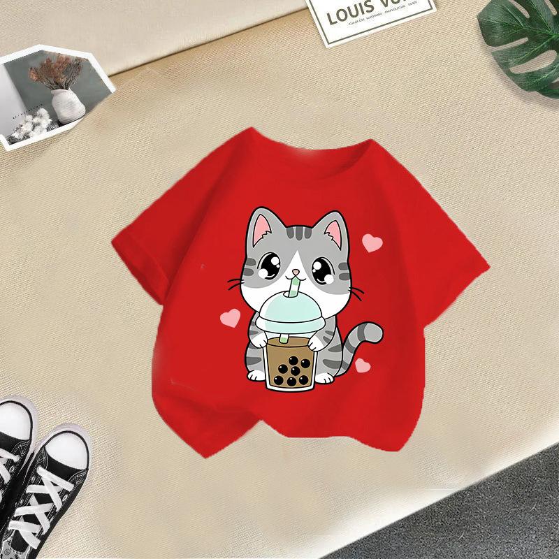 Dětské tričko s potiskem kočky Dětské 100% bavlněné oblečení Topy 2-13Y Volný střih Ležérní Kulatý výstřih Krátký rukáv