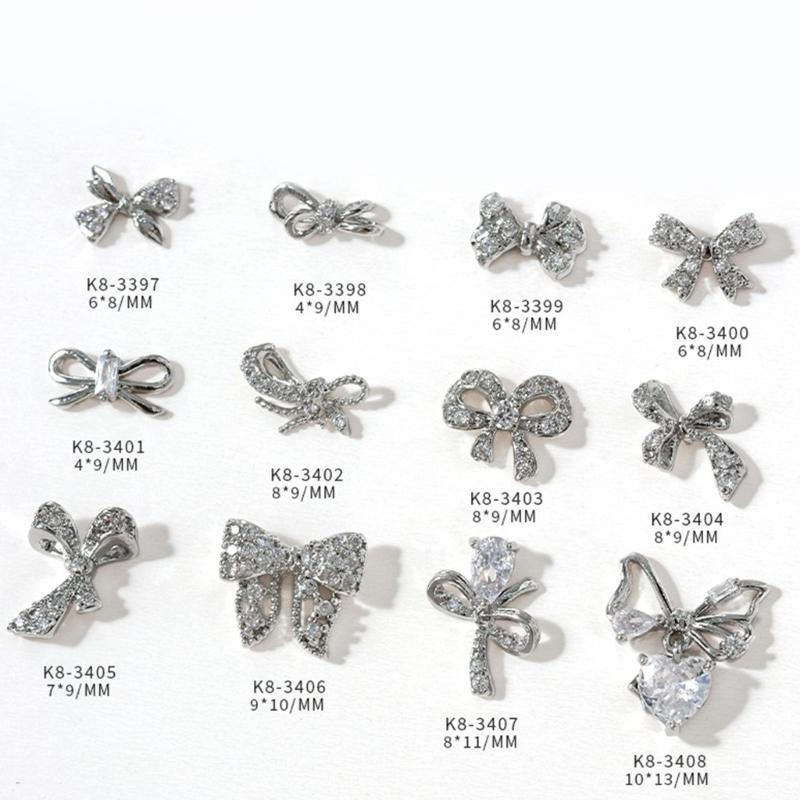 Ribbon Bowknot Nail Art Charms 3D Bow Nail Rhinestones Charm Silver Bowknot Nail Charms Nail Art Decor for Acrylic Nails