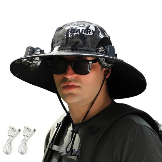 Sun Hat with Breathable Mesh Design Adjustable Cord Wide Brim Sun Protection Hat Dual Fan Design Fishing Hiking Hat