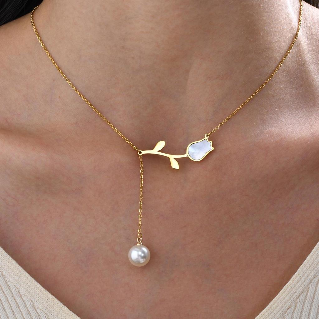 Pink Water Drop Zircon Pendant Necklace for Women Link Chain Tulip Flower Necklaces Luxury Daily Charm Jewelry Gift