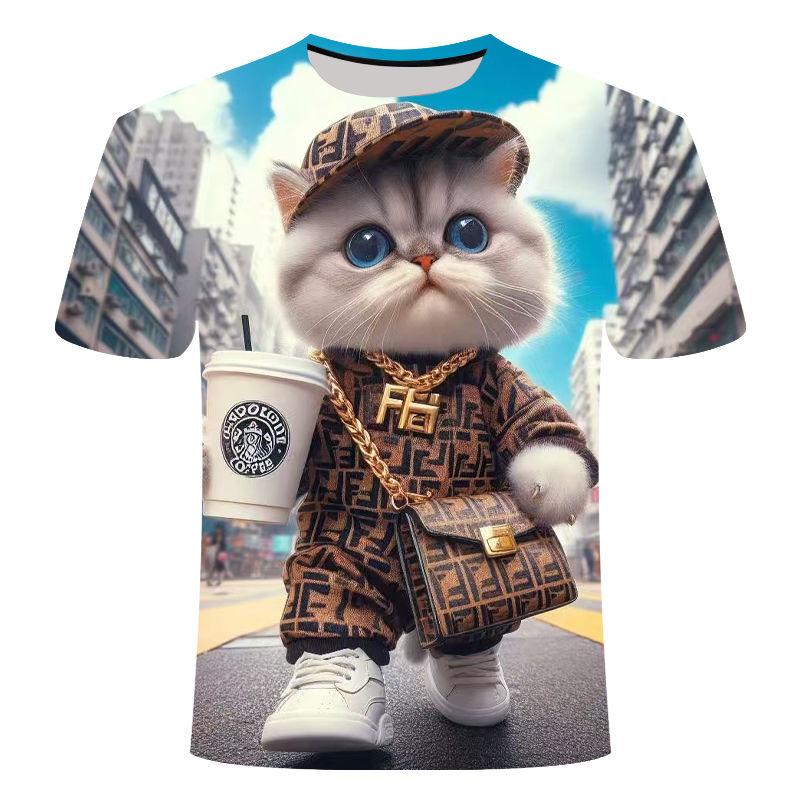 2025 Summer Clothes New Fun Life Edition Cute Cat 3D Printed round-neck Short Versatile Men Women  Kids