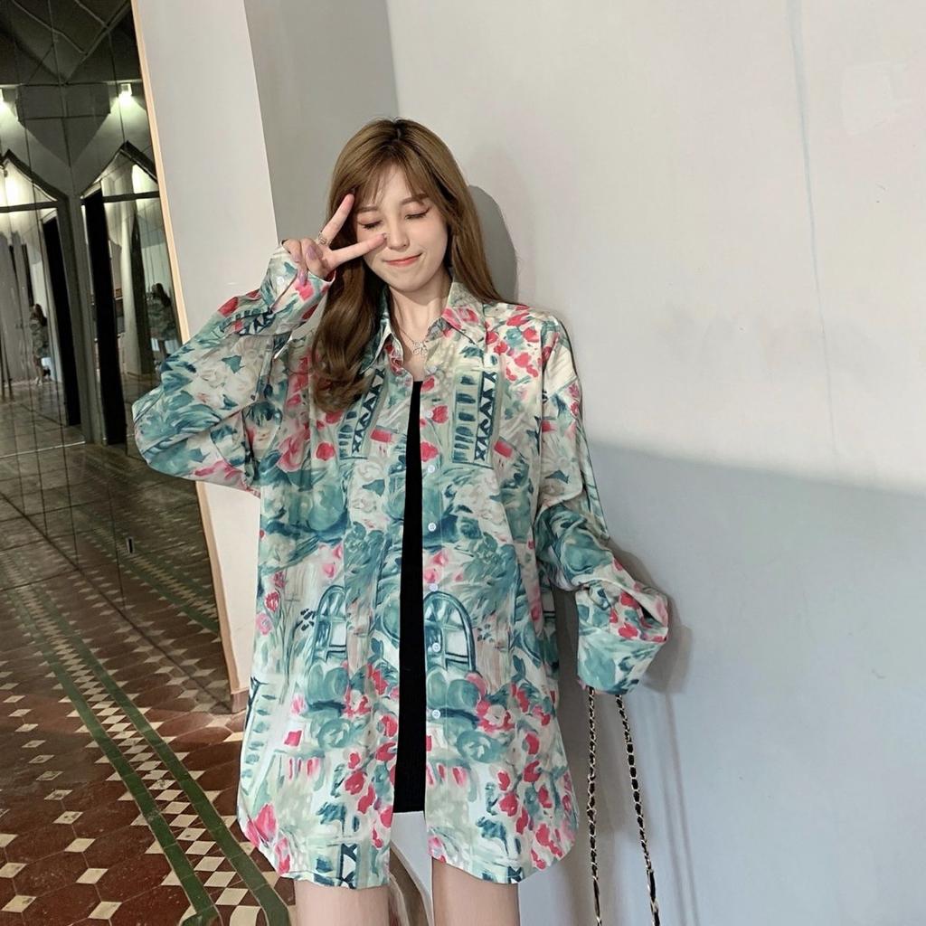 Long-sleeved Shirt for Women with A Sense of Design Thin Style Versatile for Wearing Outside Retro Hong Kong-style Floral Top with A Shirt Design