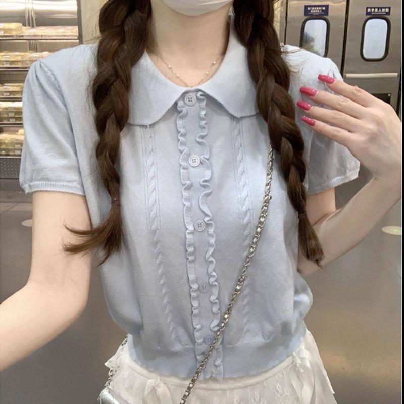 Sweet Wooden Ear Sleeve Short-Sleeved Knitted T-Shirt for Women - Summer New Design - Casual and Versatile Baby-Style Top