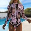 Maillot de bain une pièce à manches longues pour femme Fermeture éclair sur le devant Imprimé floral et rayures Combinaison de protection anti-UV pour la natation et le surf