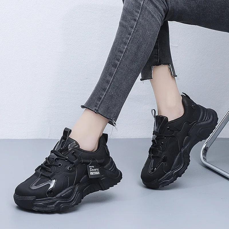 

Новые летние женские кроссовки для бега 2025 года, повседневная спортивная обувь в корейском стиле, толстая подошва, дышащий верх для студентов 35 чёрный