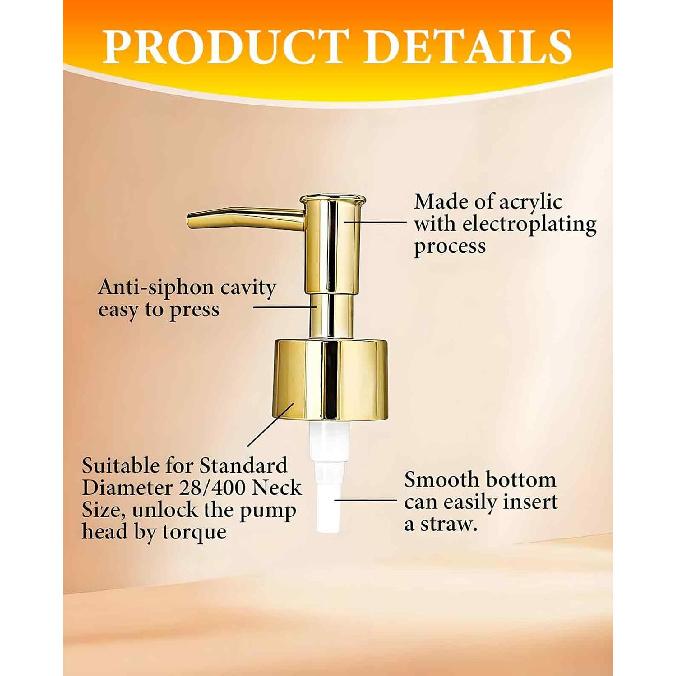6 Pack Gold Soap Dispenser Pump, Top Replacement for Lotion & Regular Glass Bottles (Standard Diameter 28/400 Neck Size)