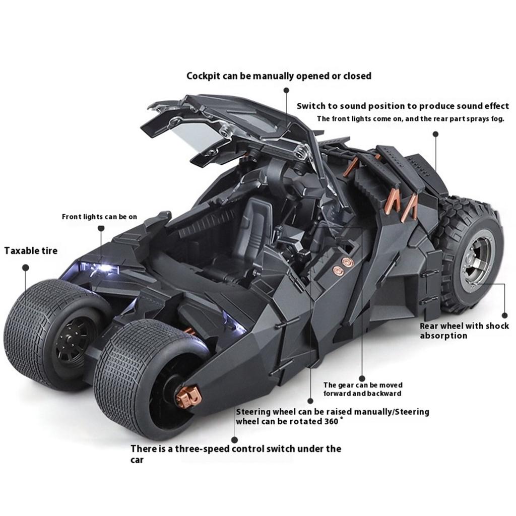 1:18 Cool Batmobile Alloy Model Toys, Exquisite Desktop Ornaments, Cool Sound and Light Spray, Christmas Gifts