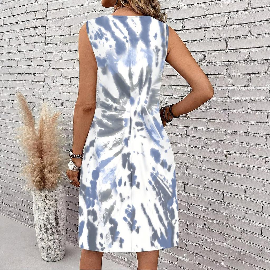 Plus Size V Neck Sleeveless Dress Riverside Forest Fresh Watercolor Print For Country Walk