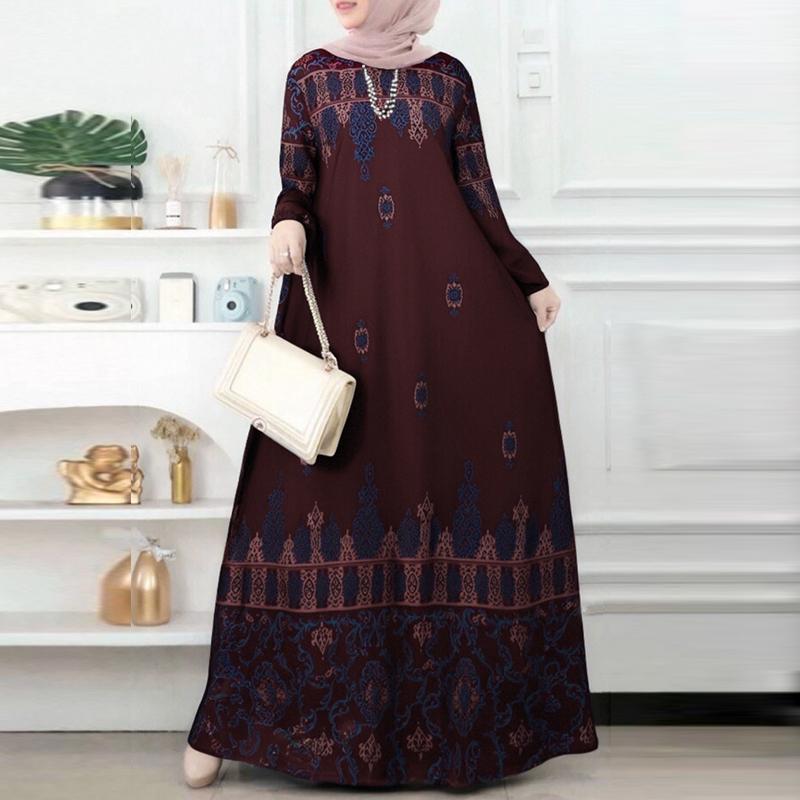 

ZANZEA Женское повседневное мусульманское длинное платье с круглым вырезом и длинным рукавом 5XL вино красного