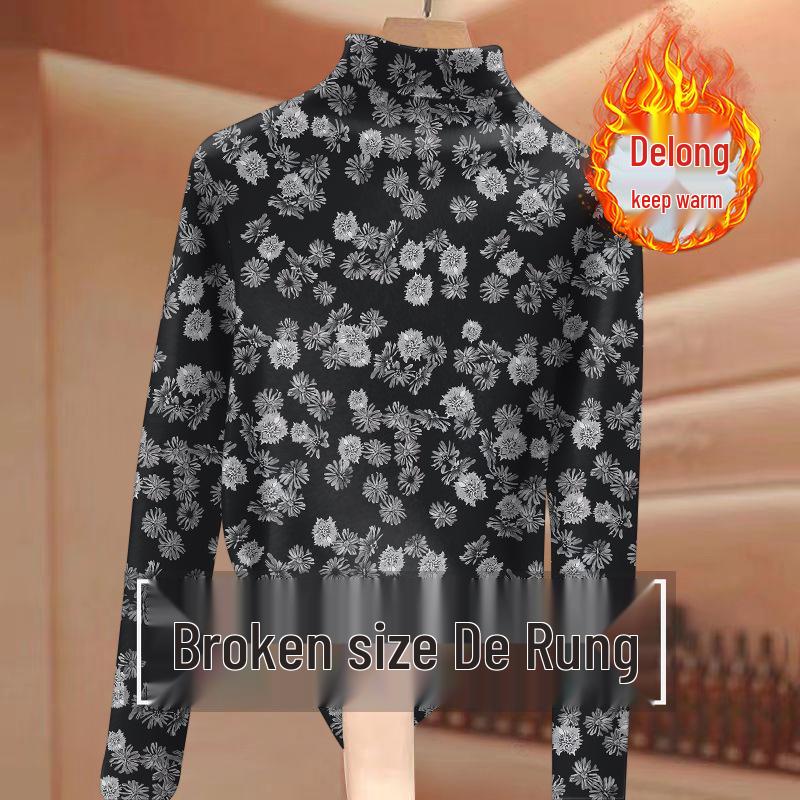 

High-End Thermal Ribbed Fleece Base Layer for Women, Semi-High Neck, Long Sleeve, Slimming, Printed - Perfect for Autumn/Winter XL (105-120 lbs)