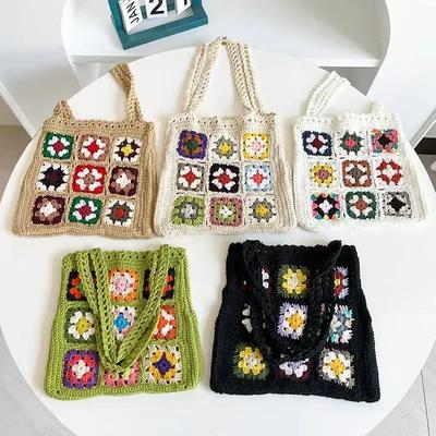 Women Boho Woven Tote Summer Beach Handbag Floral Handmade Weaving Shoulder Bags Hand Crochet Bag Flower Stitching Shopper Bag