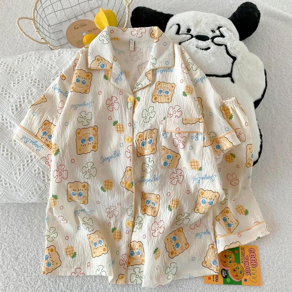 Women's Cartoon Cloud Cotton Pajama Set - Cardigan, Short Sleeve, Shorts, Home Wear