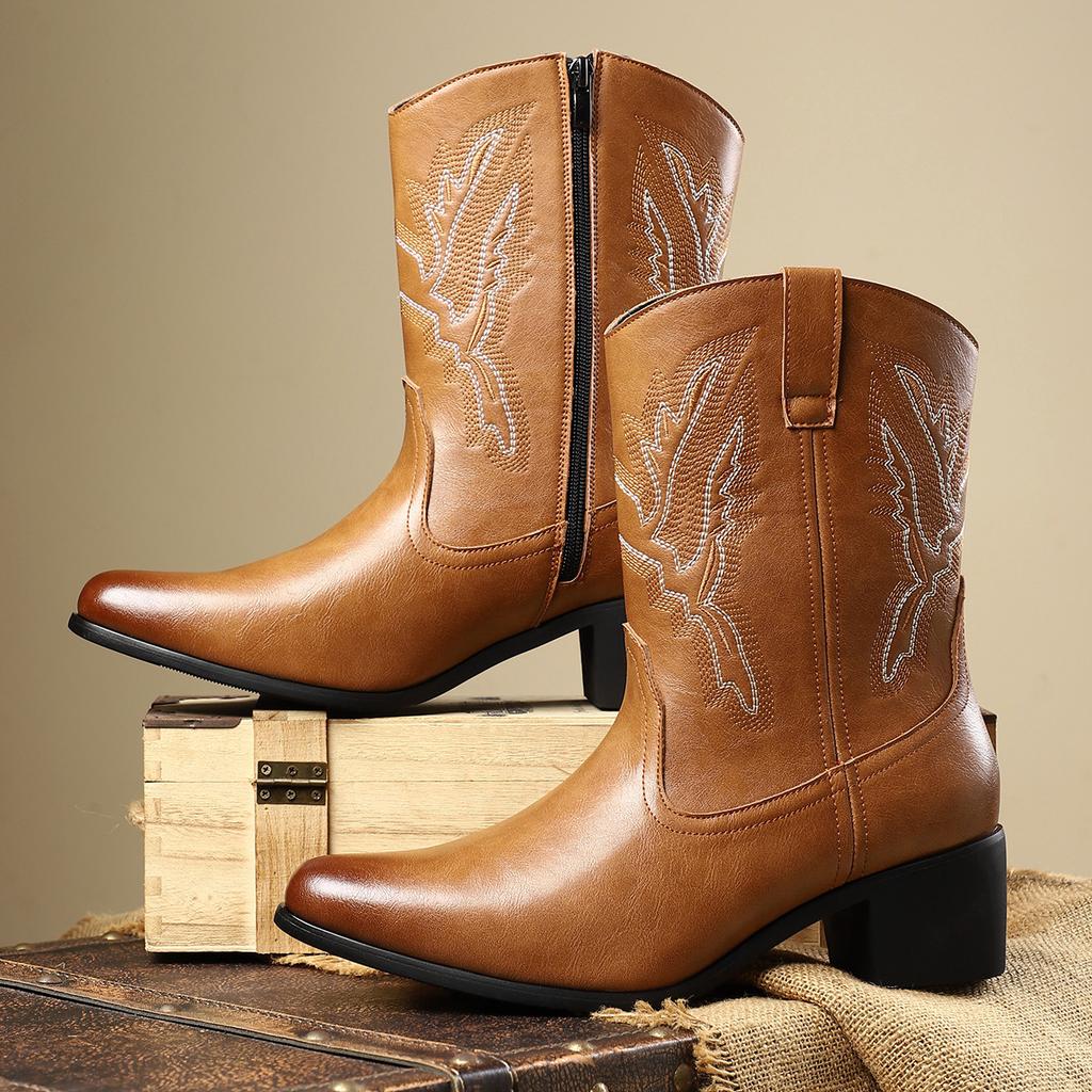 Mens Western Cowboy Boots Classics Hand Embroidery Leather Boots Fashion Mid-calf Motorcycle Booties Luxury Men's Business Boots