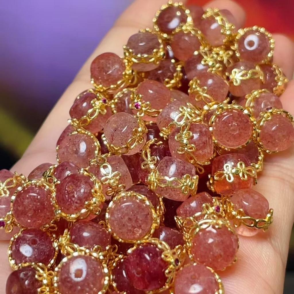 1Pc, Aura Healing Crystal Beads with Golden Accents, Boho Cylindrical Beads, Natural Strawberry Quartz Loose Beads for Jewelry Making DIY Crafts 9×9mm