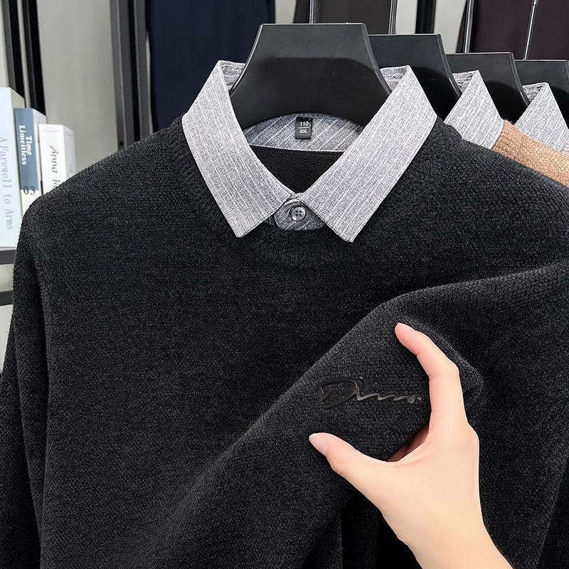 Men s Plush Thicken Knitted Sweater Winter Letter Print Lapel Long Sleeve Fake Two Piece Fashion Men swear 4XL чёрный