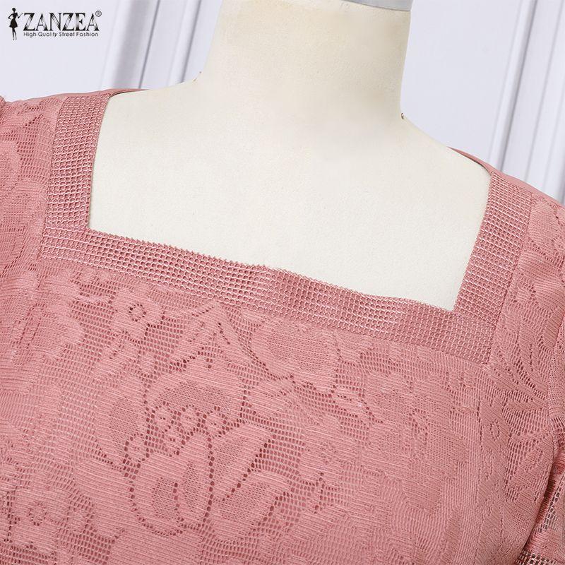 ZANZEA Women Casual Square Collar Summer Short Sleeve Lace Dress