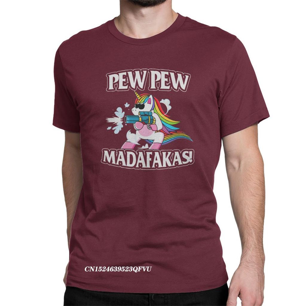 Funny Pew Pew Madafakas Men's Tops T Shirts Unicorn Humor Tee Shirt Harajuku Round Collar T-Shirts Cotton Clothes