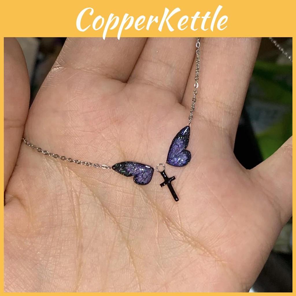 Style Natural Butterfly Drop Oil Necklace With Cross And Wing Design For Ladies