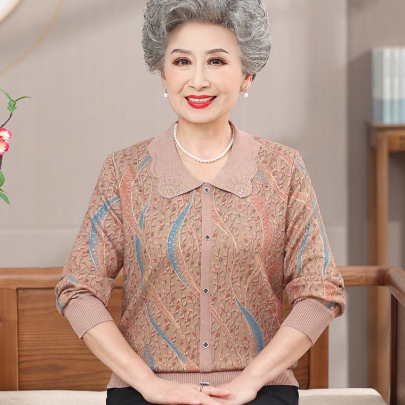 Grandma summer ice silk long-sleeved top medium and old new summer short-sleeved shirt mother lapel bottoming shirt