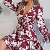 Otoño Invierno Mujer Encaje Estampado Cintura Alta Manga Larga Vestido Plisado Moda Elegante