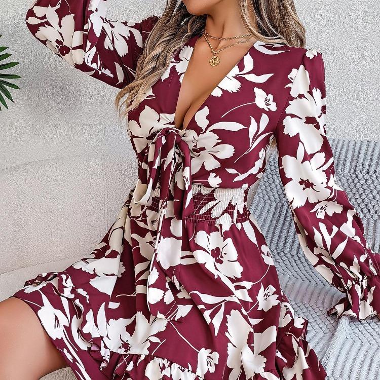 Autumn Winter Women Lace Up Print High Waist Long Sleeve Pleated Dress Elegant Fashion