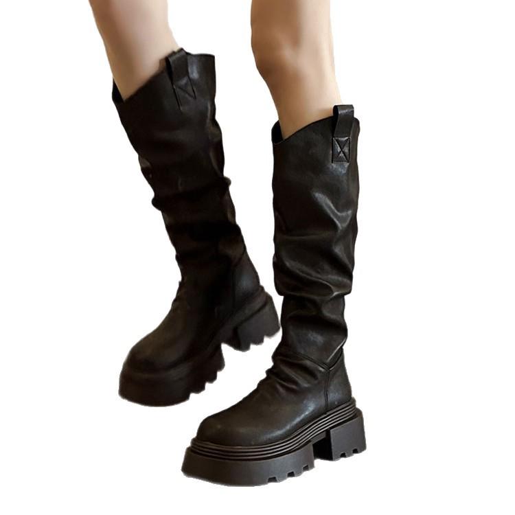 [Fanfna] 2025 Autumn New Platform Boots Women's Knee Knight Boots Thin Pleated Piled Boots