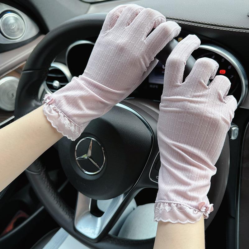 Ice silk spring and autumn thin ultraviolet summer riding driving cycling non-slip touch screen women's lace sunscreen gloves
