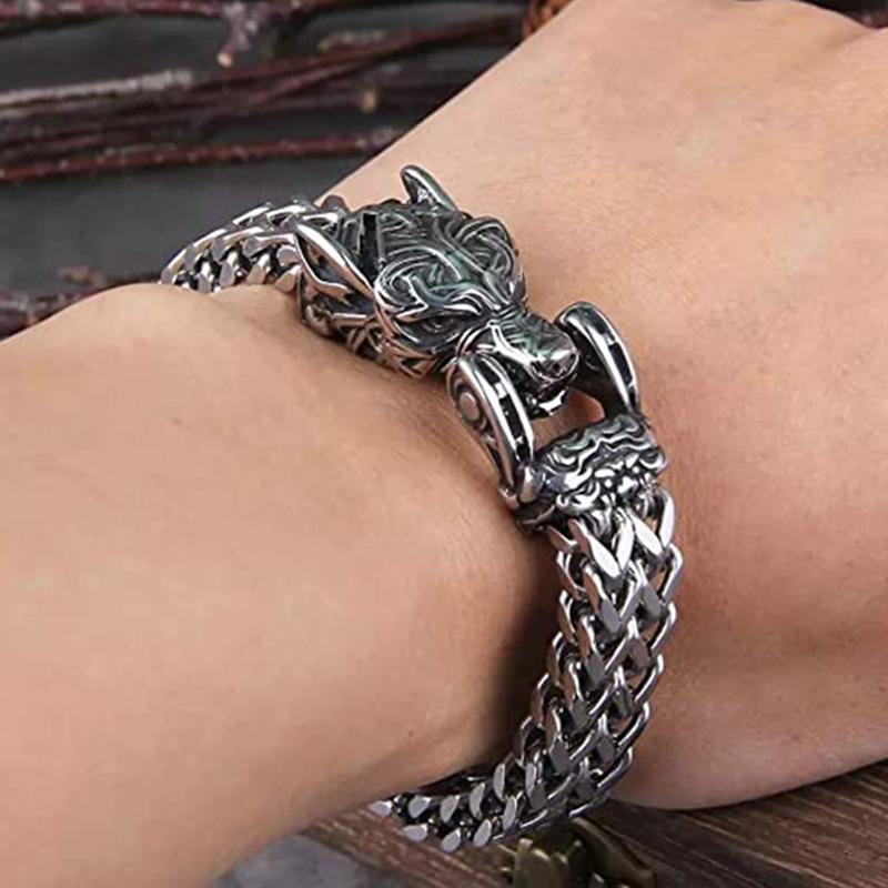 Bracciale Lupo Vichingo Norreno per Uomo Acciaio Inossidabile 12MM Maglia a Rete Bracciali da Uomo Bocca di Lupo Aperta Gioielli Nordici 21/23CM