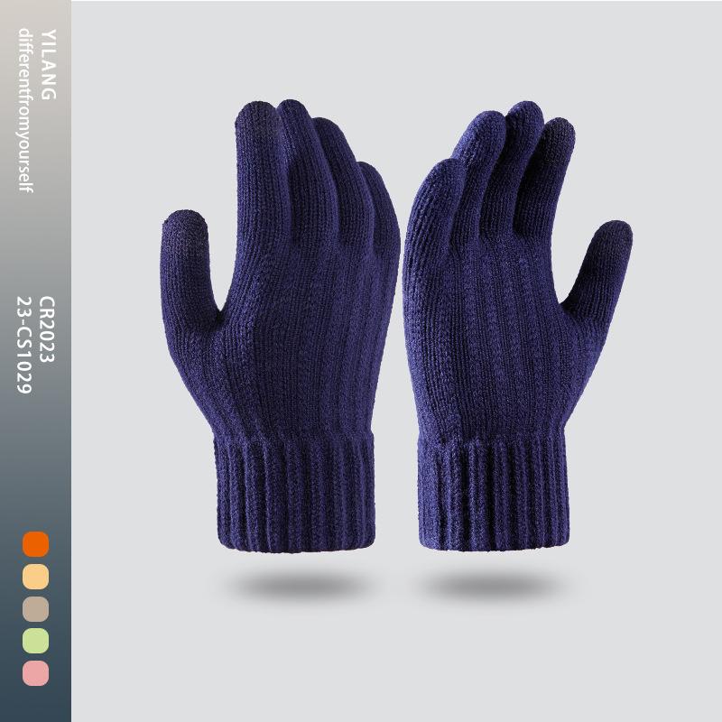 New Warm Men's Knitted Gloves for Cold Protection and Velvet Solid Color Finger Divided Touch Screen Gloves
