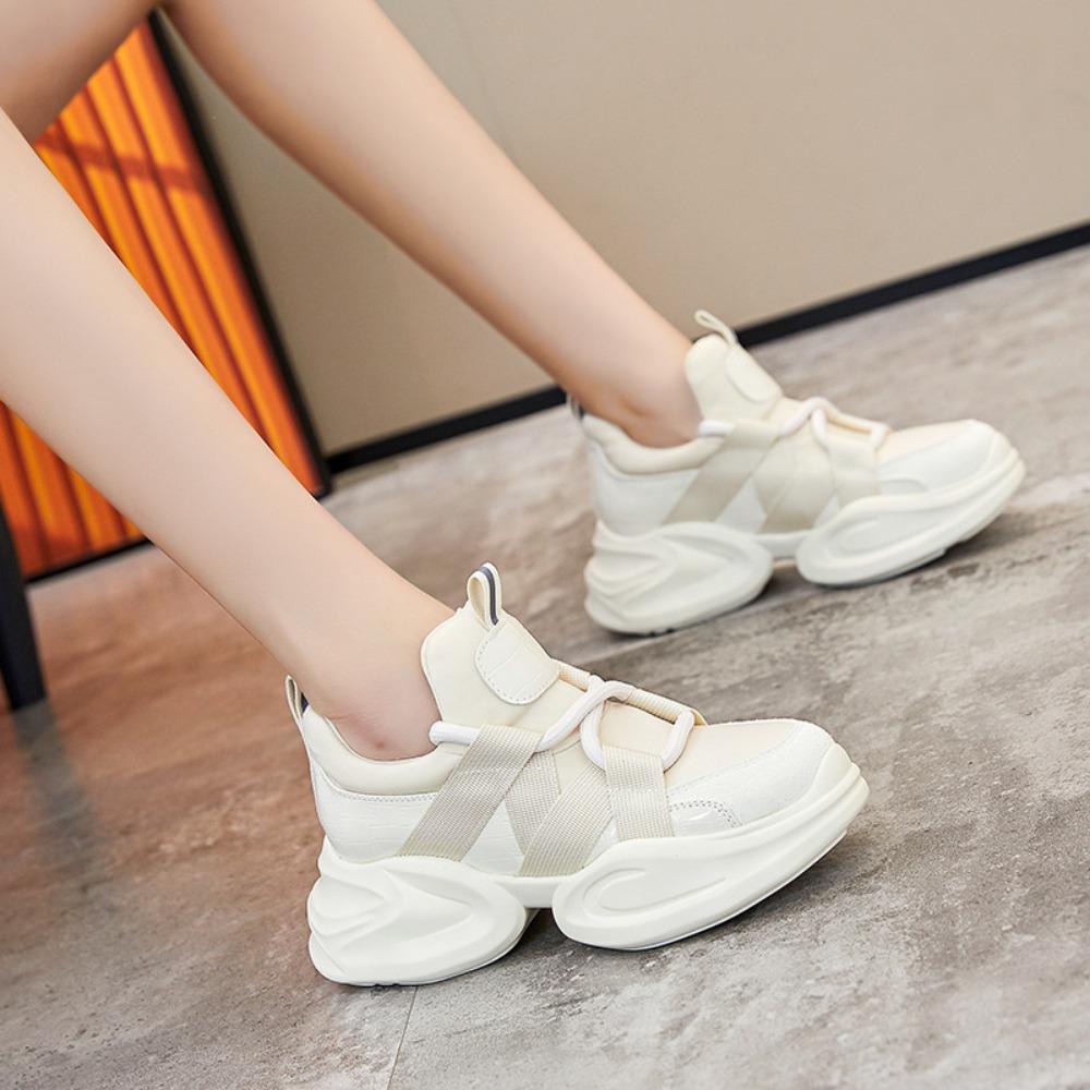 Genuine Leather Platform Shoes  Women's New Black Thick Soles Internal Height Increasing Sports Shoes White Sneakers Women