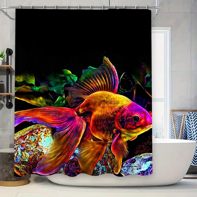 Luxury Fish Tank Bathroom Decor Shower Curtain Printing Home Textile Waterproof Fabric Artistic Design Decoration Orange Red Gol 90x180cm