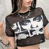 Y2K Summer Hollow Splicing Printed Mesh Cover Shirt Short T-shirt