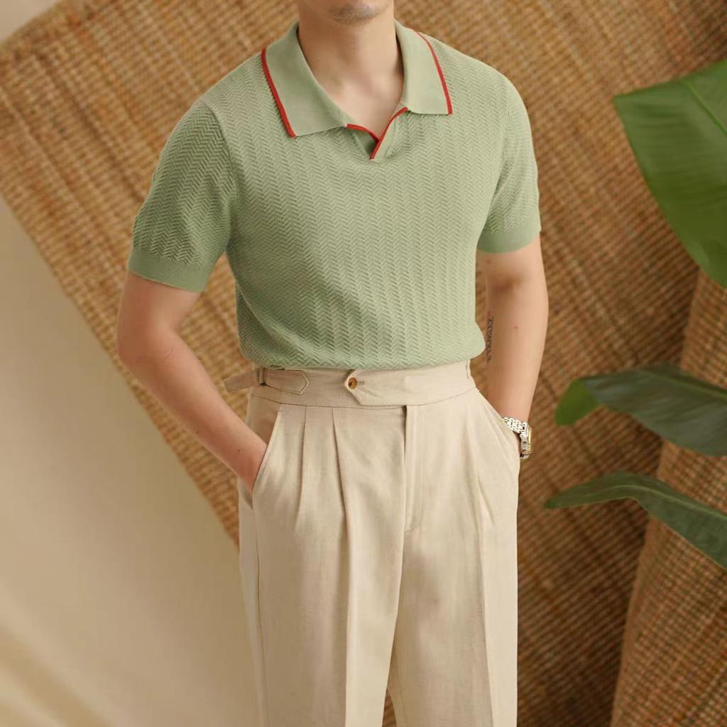 Fashionable Design Short Sleeve Polo Shirt Men Vintage Breathable Casual Knit Lapel T-shirt