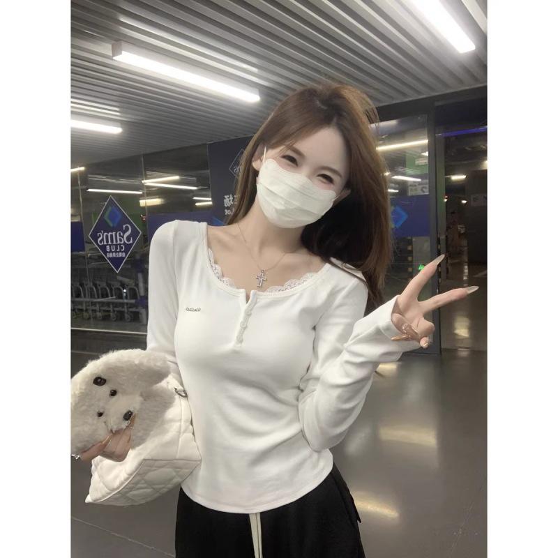 

Lace-Trim Long Sleeve Slimming T-shirt for Women - Autumn/Winter L