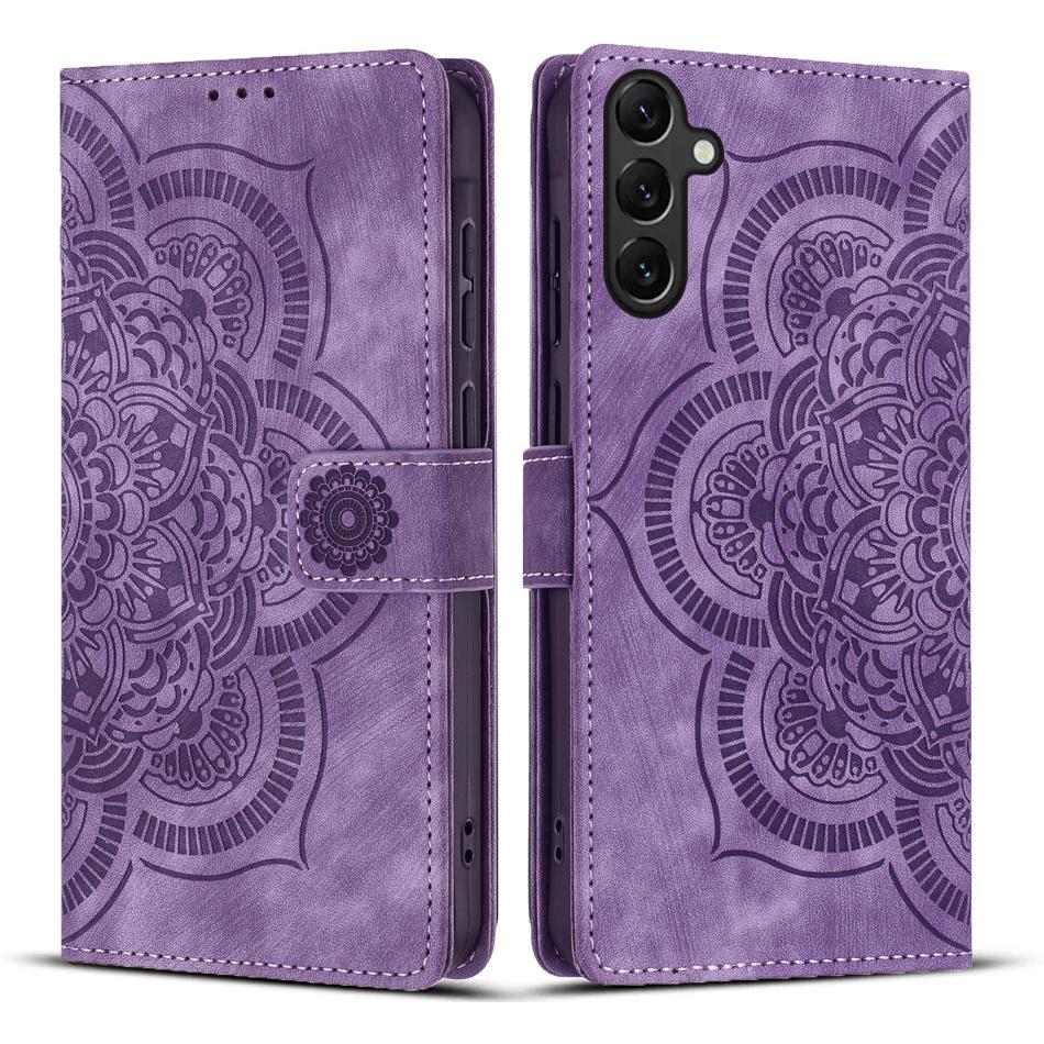 

For Samsung Galaxy A54 5G Leather Case WANLONFENG HDM Series Mandala Imprint Wallet Stand Phone Cover Purple