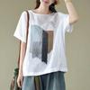 Dames Retro Casual Løse Bomull Lin T-skjorter Stor Størrelse Trykte Topper Sommer Rund Hals Korte Ermer T-skjorte